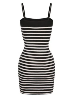 2PCS 1960s Black White Striped Knit Strap Dress & Cardigan -Candi Clothing Shop SCHL003855 B 1 5