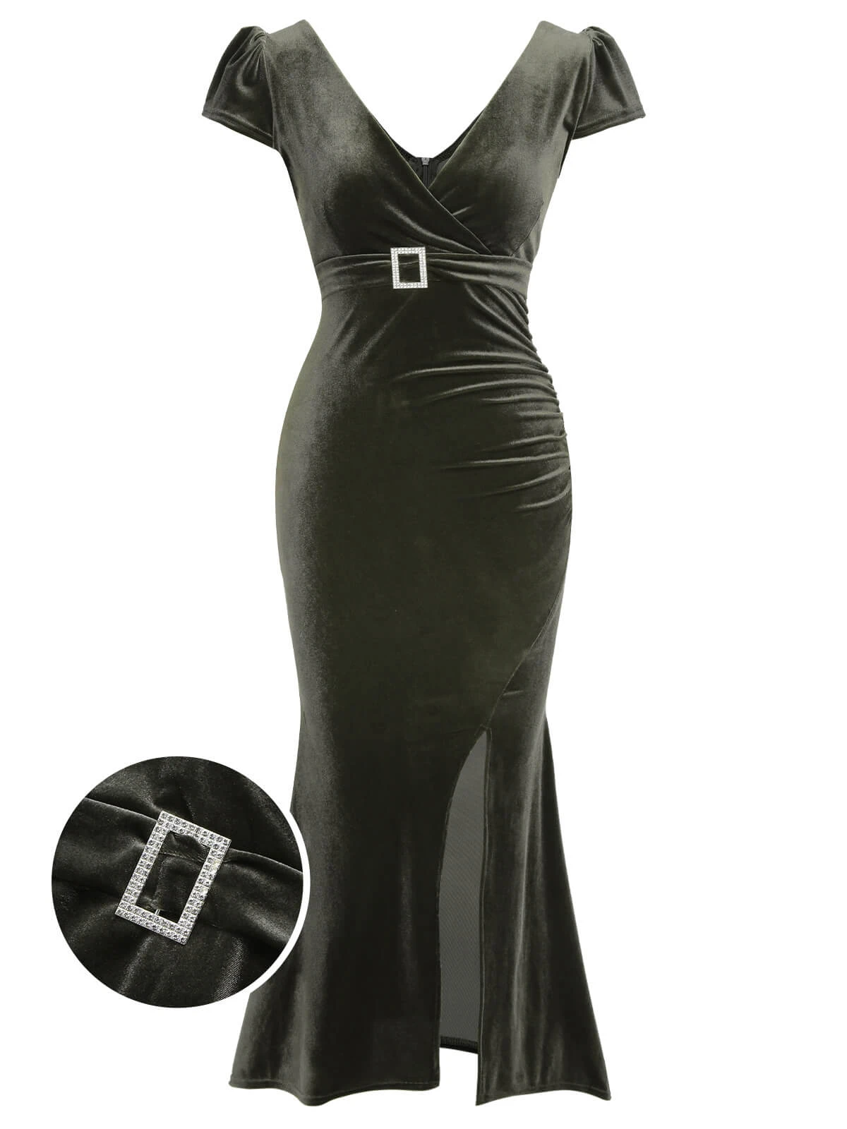 Green Gray 1930s Solid Velvet Slit Mermaid Dress 1 Green Gray 1930s Solid Velvet Slit Mermaid Dress