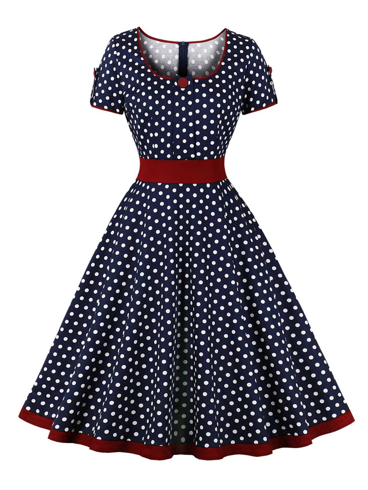 1950s Contrast Polka Dots Buttoned Dress 1 1950s Contrast Polka Dots Buttoned Dress