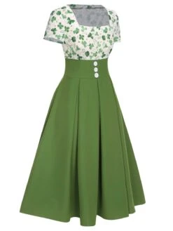 Green 1950s Lucky Clover Buttoned Dress -Candi Clothing Shop SCHL003872 2 compressed
