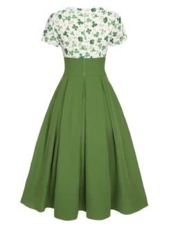 Green 1950s Lucky Clover Buttoned Dress -Candi Clothing Shop SCHL003872 3 compressed