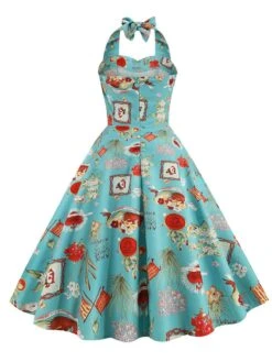 1950s Retro Pictorial Halter Swing Dress 14 1950s Retro Pictorial Halter Swing Dress -Candi Clothing Shop SCHL003906 BL 3