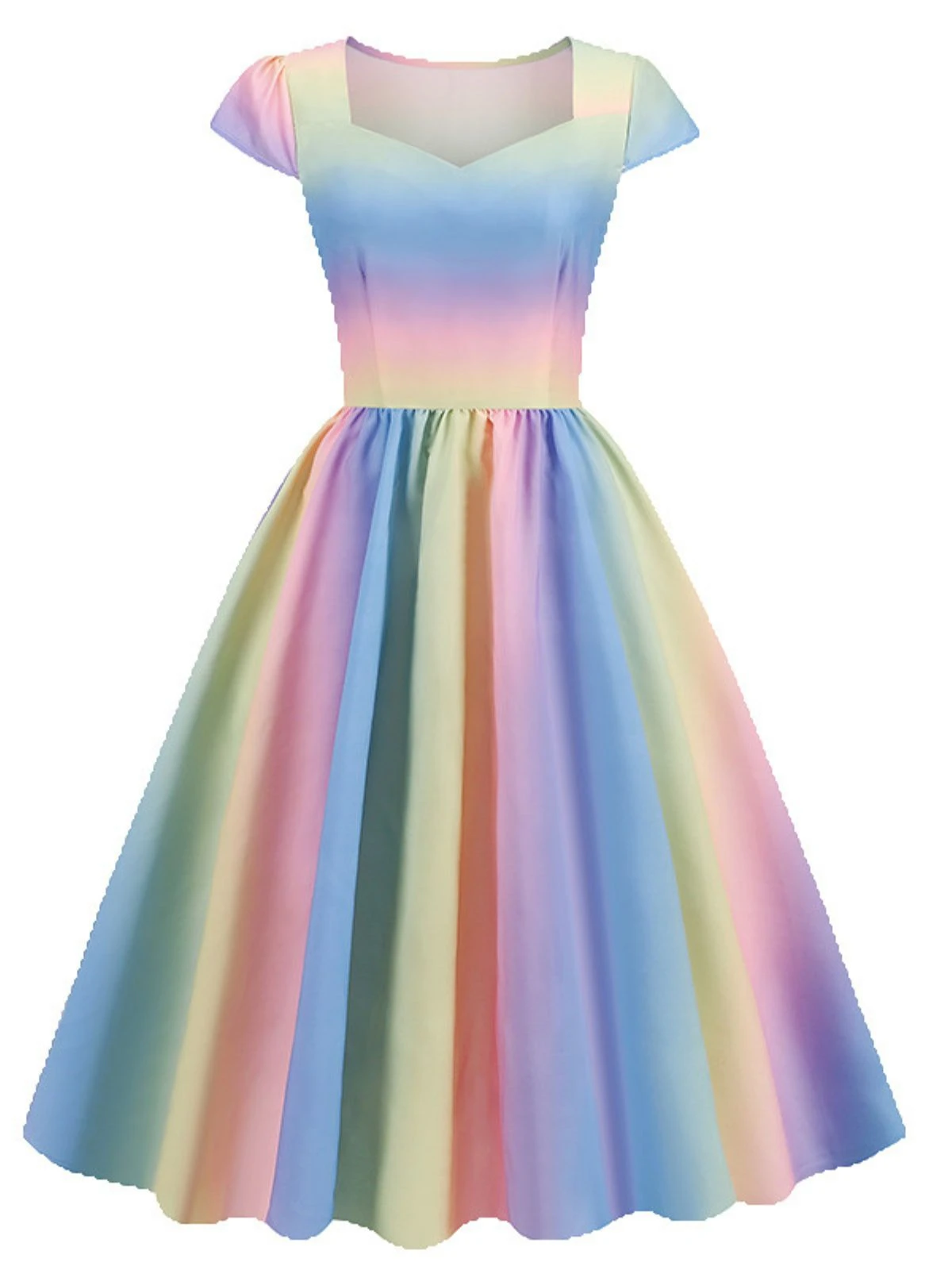 1950s Rainbow Gradient Sweetheart Cap Sleeved Dress 1 1950s Rainbow Gradient Sweetheart Cap Sleeved Dress