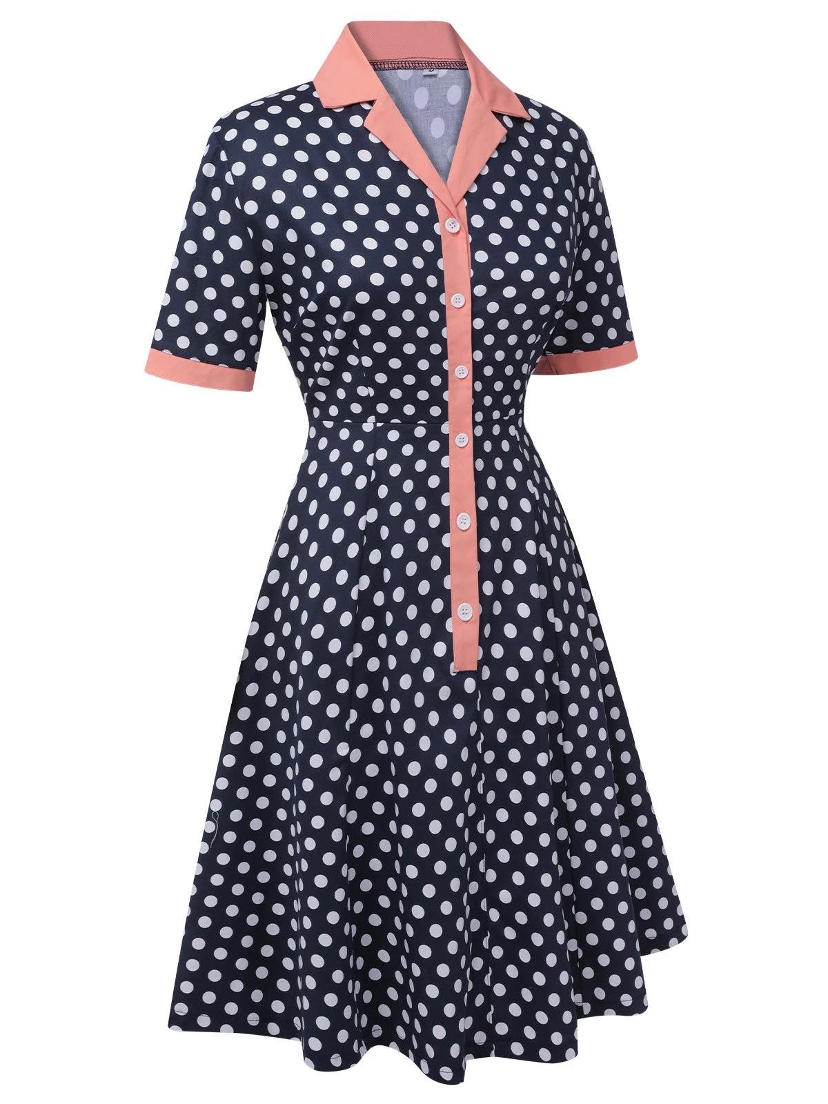 Dark Blue 1950s Polka Dot Lapel Dress 2 Dark Blue 1950s Polka Dot Lapel Dress - Image 2