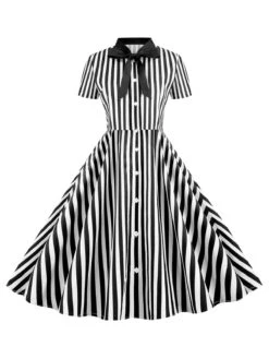 1950s Bow Collar Striped Dots Swing Dress 15 1950s Bow Collar Striped Dots Swing Dress -Candi Clothing Shop SCHL003919 B 1