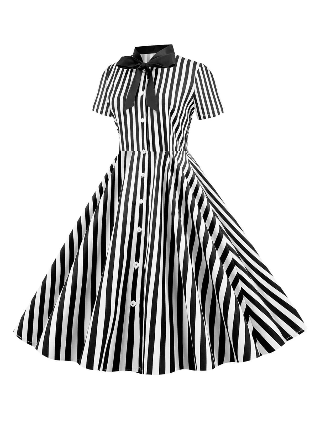 1950s Bow Collar Striped Dots Swing Dress 5 1950s Bow Collar Striped Dots Swing Dress - Image 5