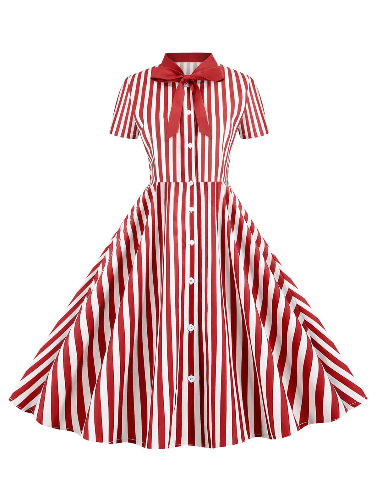 1950s Bow Collar Striped Dots Swing Dress 1 1950s Bow Collar Striped Dots Swing Dress