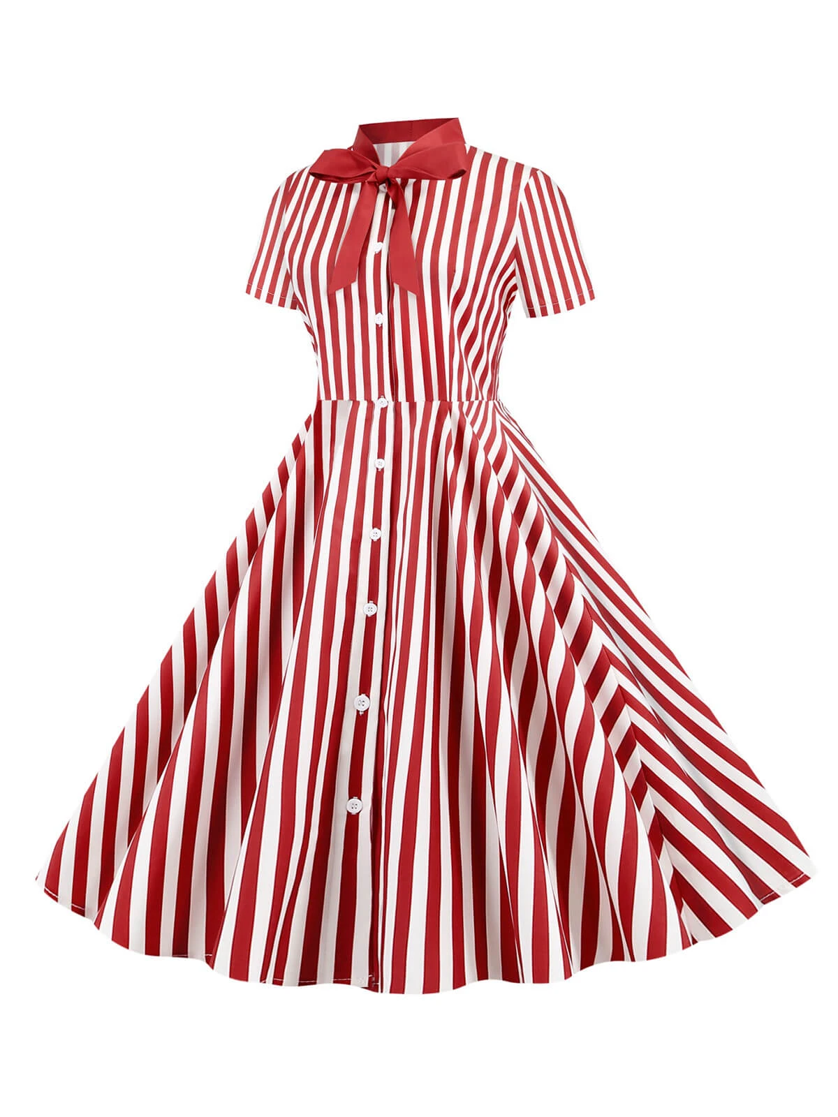 1950s Bow Collar Striped Dots Swing Dress 2 1950s Bow Collar Striped Dots Swing Dress - Image 2