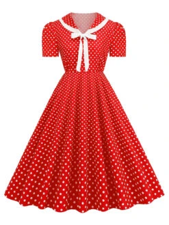 1950s Polka Dots Lapel Bowknot Swing Dress 17 1950s Polka Dots Lapel Bowknot Swing Dress -Candi Clothing Shop SCHL003920 TR 3