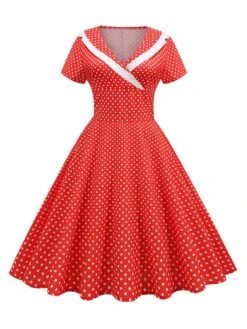 1950s V-Neck Polka Dots Swing Dress 15 1950s V-Neck Polka Dots Swing Dress -Candi Clothing Shop SCHL003921 R 2 compressed