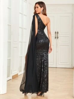 Black 1920s One-Shoulder Caped Sequined Dress 7 Black 1920s One-Shoulder Caped Sequined Dress -Candi Clothing Shop SCHL003947 B 1 3