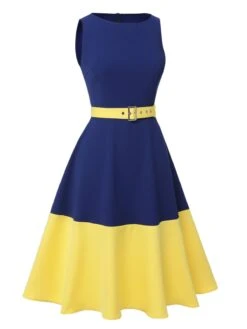 [Pre-Sale] Dark Blue & Yellow 1950s Solid Boat Neck Dress -Candi Clothing Shop SCHL003994 2