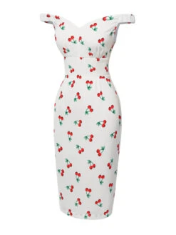 White 1960s Cherry Off-Shoulder Pencil Dress -Candi Clothing Shop SCHL003995 2