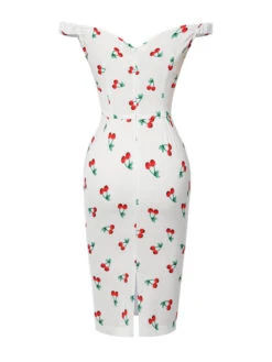 White 1960s Cherry Off-Shoulder Pencil Dress -Candi Clothing Shop SCHL003995 3