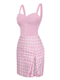 [Pre-Sale] Pink 1960s Plaid Love Slit Strap Dress -Candi Clothing Shop SCHL004009 2