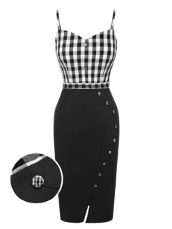 [Pre-Sale] Black 1960s Spaghetti Straps Plaid Patchwork Dress