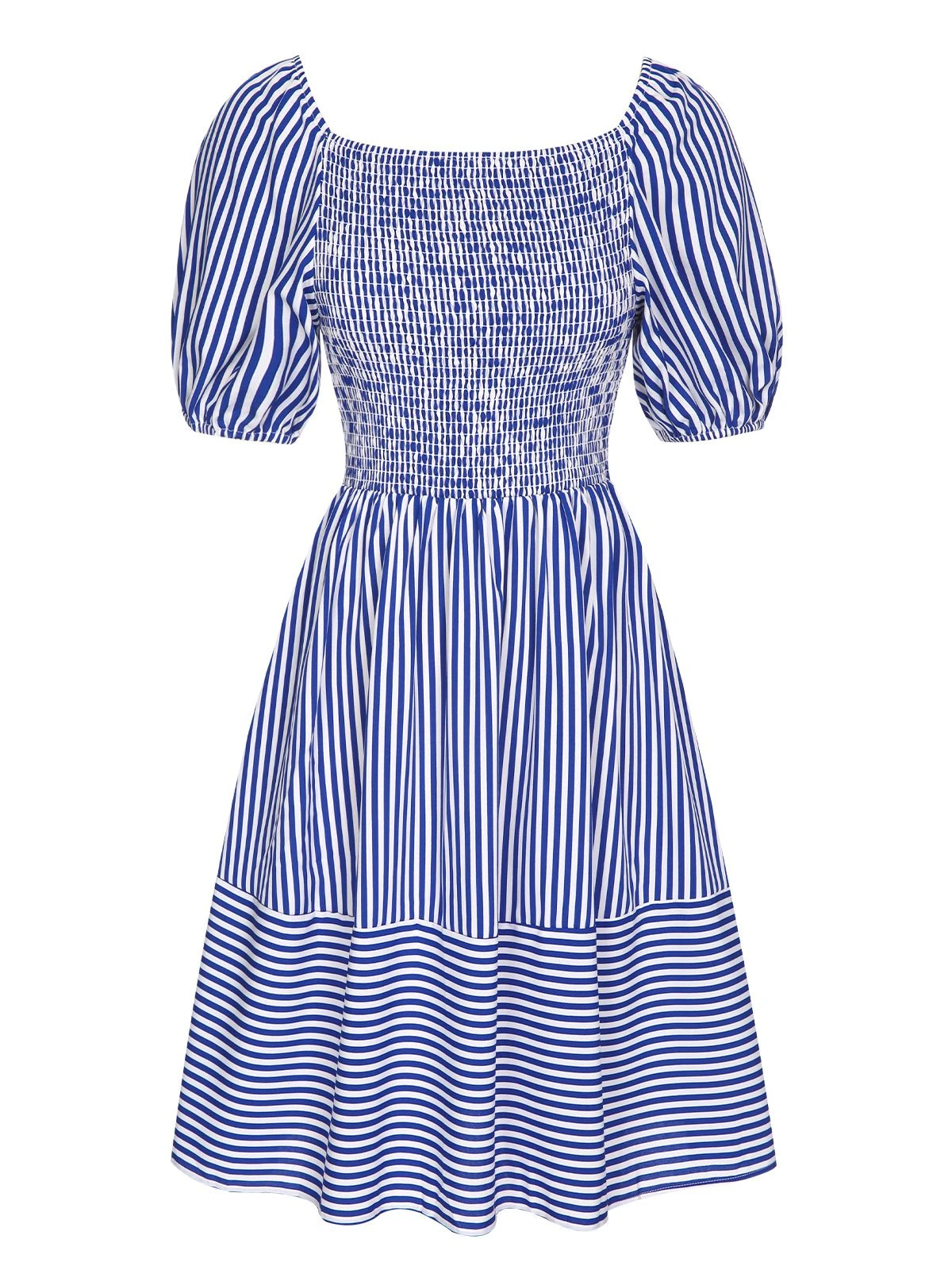Blue 1950s Striped Raglan Square Neck Smocked Dress 2 Blue 1950s Striped Raglan Square Neck Smocked Dress - Image 2