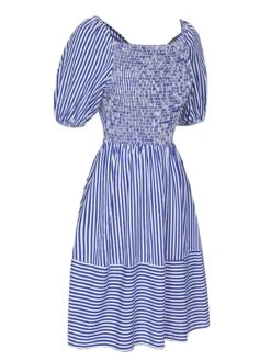 Blue 1950s Striped Raglan Square Neck Smocked Dress 6 Blue 1950s Striped Raglan Square Neck Smocked Dress -Candi Clothing Shop SCHL004061 2
