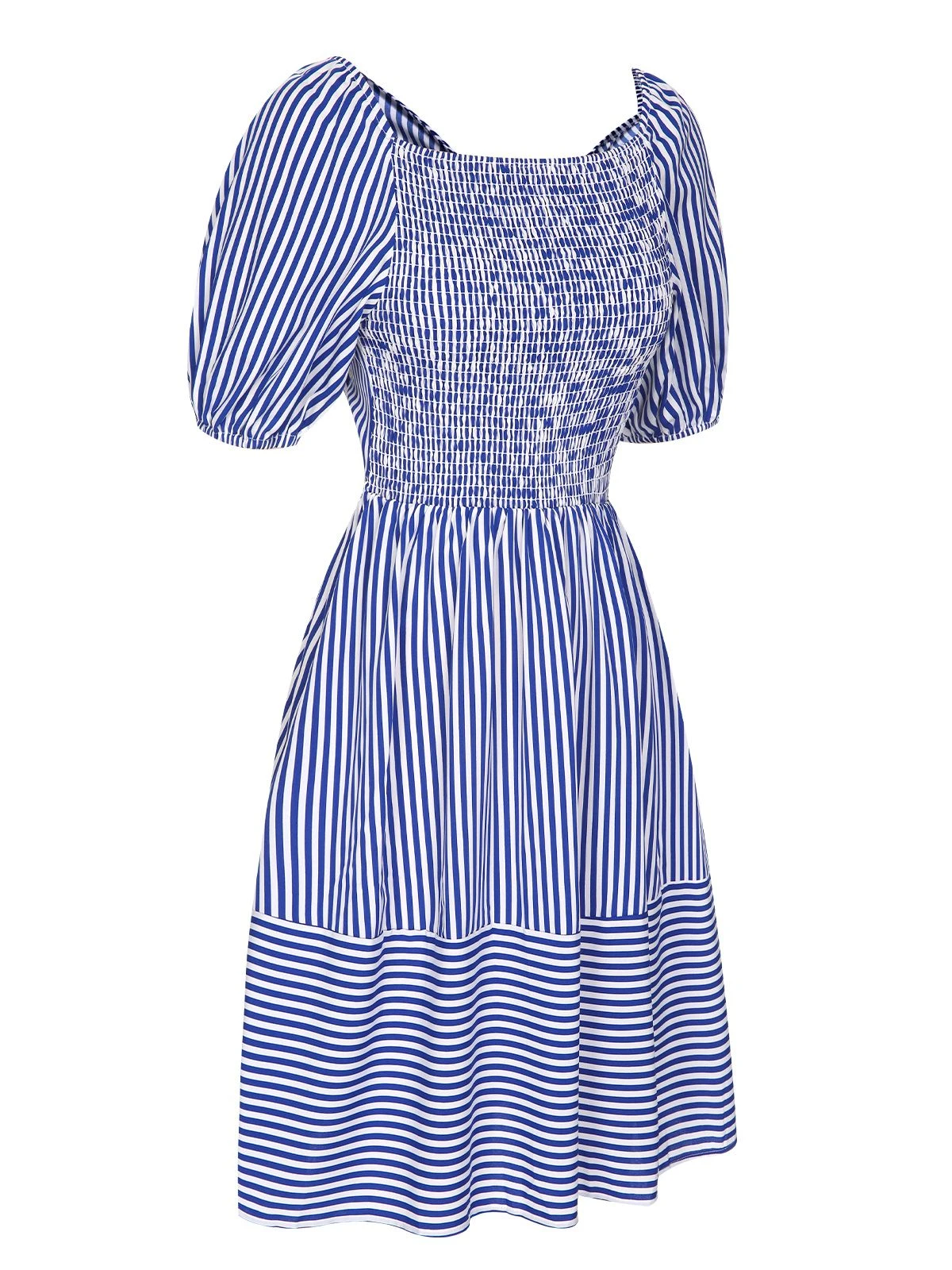 Blue 1950s Striped Raglan Square Neck Smocked Dress 3 Blue 1950s Striped Raglan Square Neck Smocked Dress - Image 3