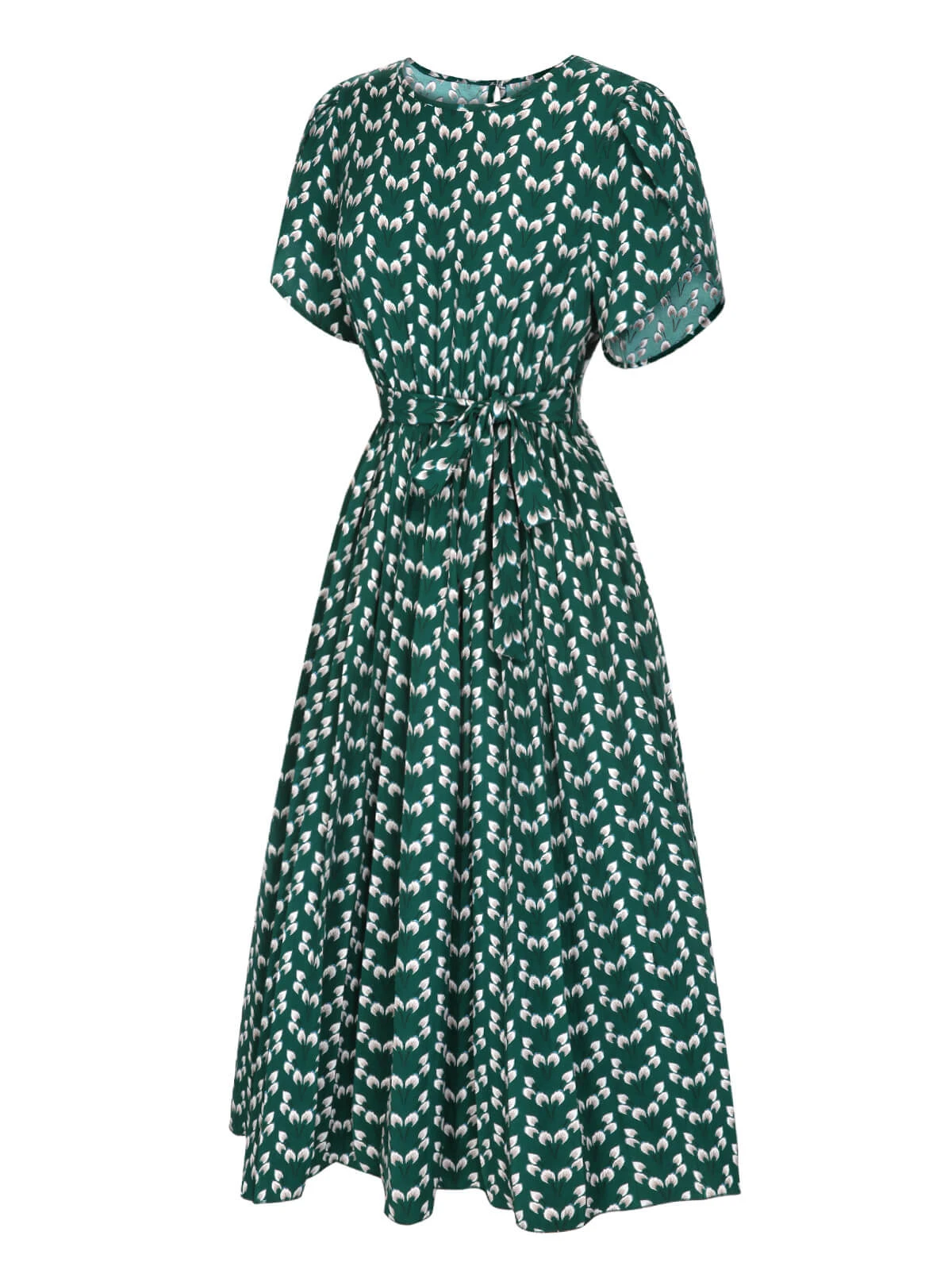 Green 1940s Floral Waist Tie Dress 2 Green 1940s Floral Waist Tie Dress - Image 2