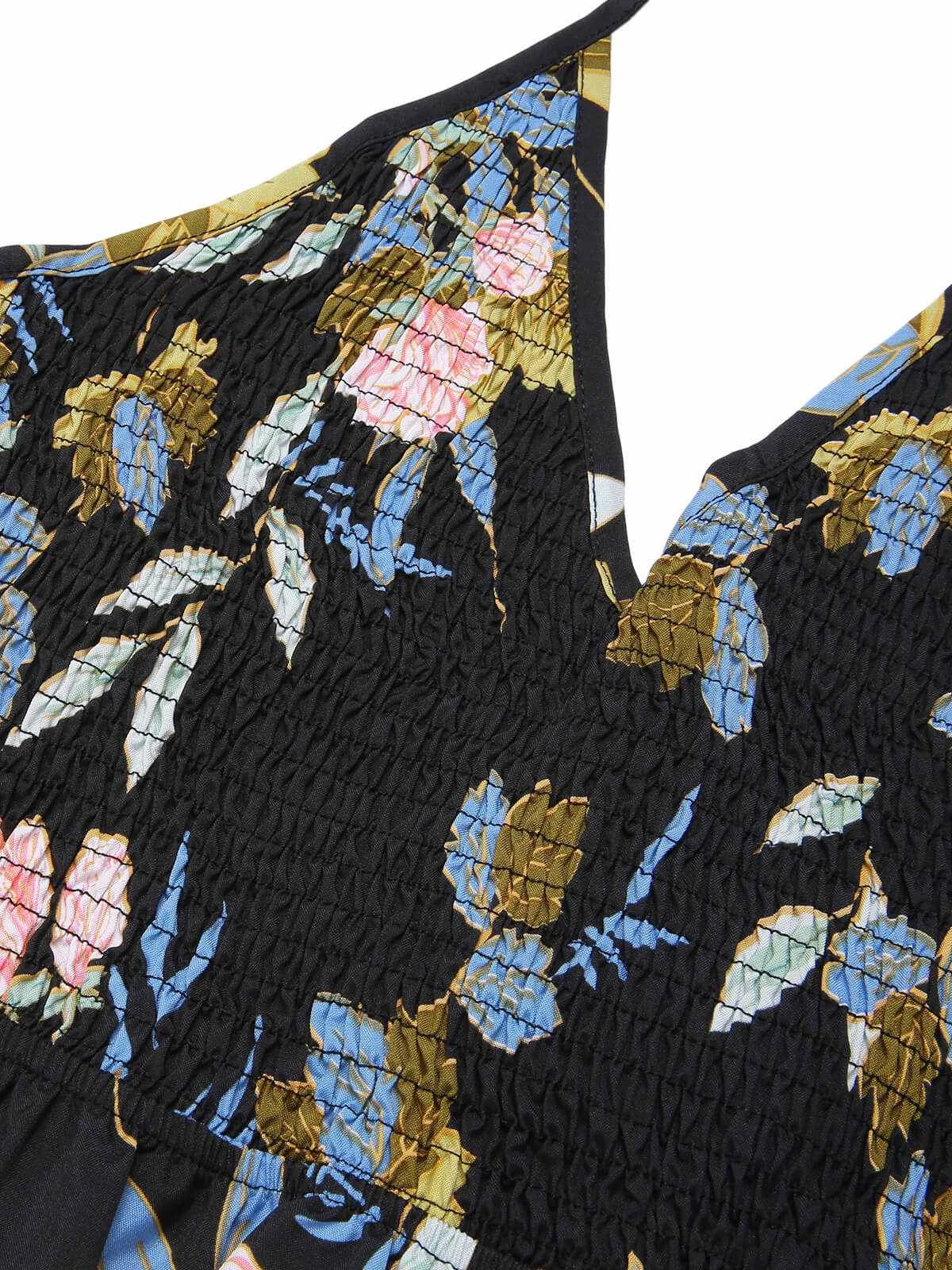 Multicolor 1940s Smocked Halter Floral Dress 4 Multicolor 1940s Smocked Halter Floral Dress - Image 4