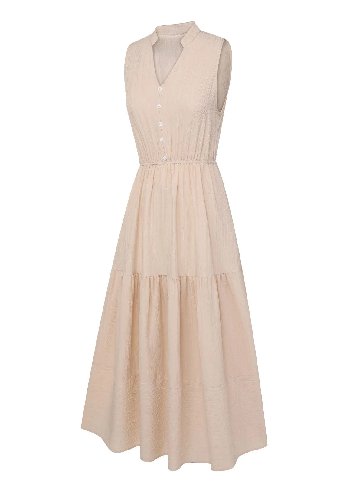 Beige 1950s Solid Stand Collar V-Neck Dress 2 Beige 1950s Solid Stand Collar V-Neck Dress - Image 2