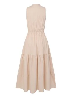 Beige 1950s Solid Stand Collar V-Neck Dress 6 Beige 1950s Solid Stand Collar V-Neck Dress -Candi Clothing Shop SCHL004080 3