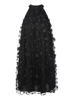 Black 1960s 3D Flowers Mesh Turtleneck Sleeveless Dress