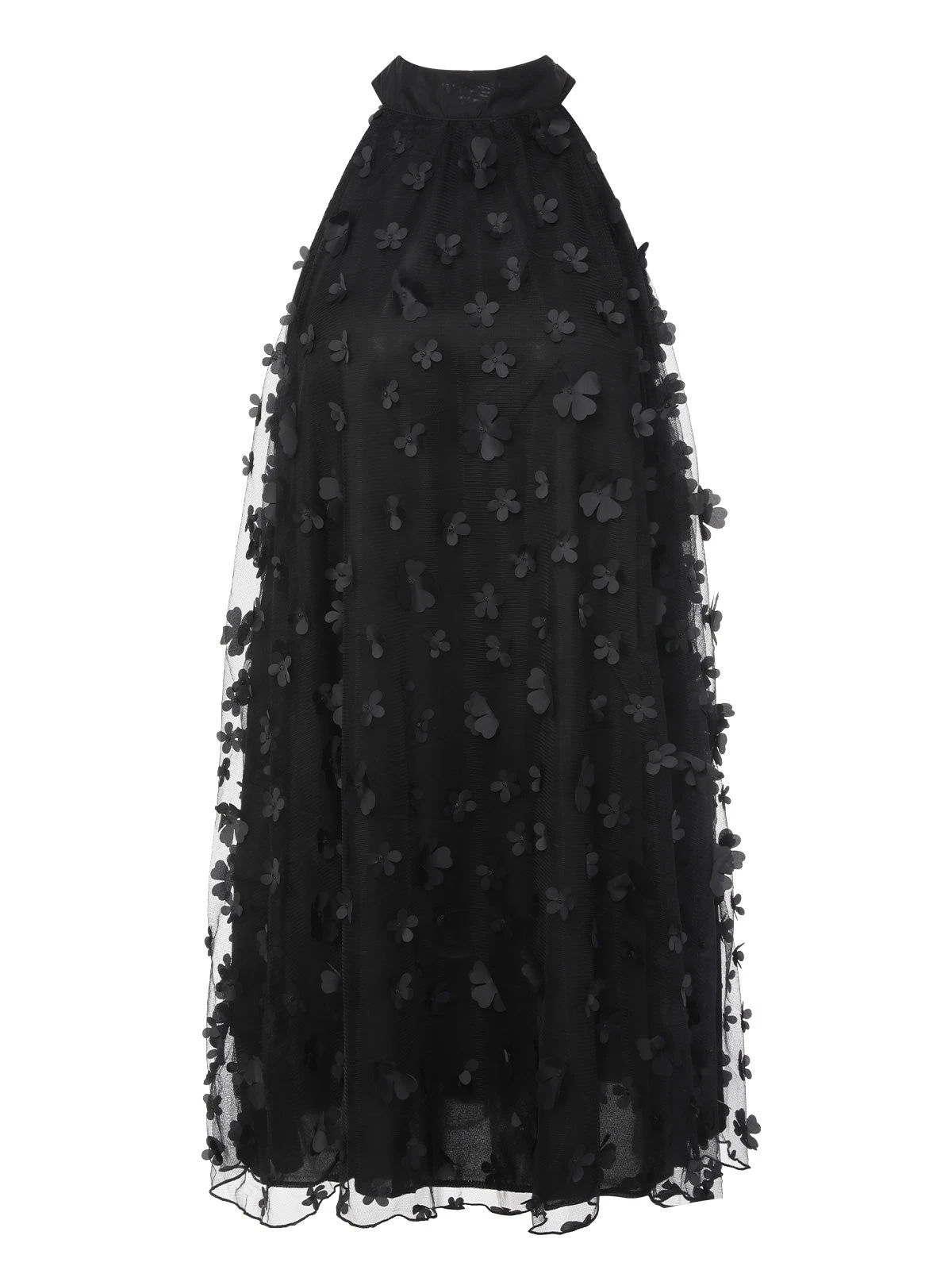 Black 1960s 3D Flowers Mesh Turtleneck Sleeveless Dress 1 Black 1960s 3D Flowers Mesh Turtleneck Sleeveless Dress