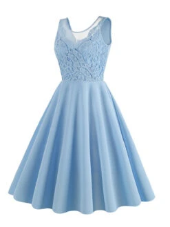 1950s Solid Lace Patchwork V-Neck Dress -Candi Clothing Shop SCHL004123 CLB 1 1