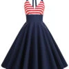 Dark Blue 1950s Red & White Stripes Halter Dress