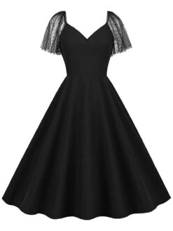 1950s Solid Dots Mesh Sleeve V-Neck Dress -Candi Clothing Shop SCHL004156 B 1