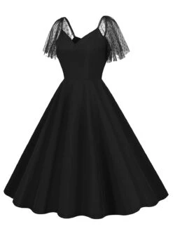 1950s Solid Dots Mesh Sleeve V-Neck Dress -Candi Clothing Shop SCHL004156 B 2