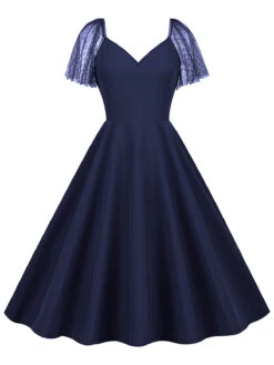 1950s Solid Dots Mesh Sleeve V-Neck Dress -Candi Clothing Shop SCHL004156 DBL 1