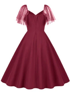 1950s Solid Dots Mesh Sleeve V-Neck Dress -Candi Clothing Shop SCHL004156 DER 1