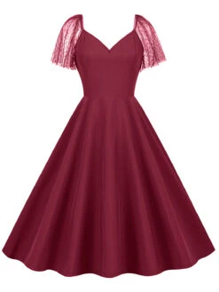 1950s Solid Dots Mesh Sleeve V-Neck Dress -Candi Clothing Shop SCHL004156 DER 2