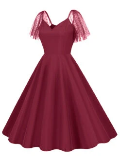 1950s Solid Dots Mesh Sleeve V-Neck Dress -Candi Clothing Shop SCHL004156 DER 3