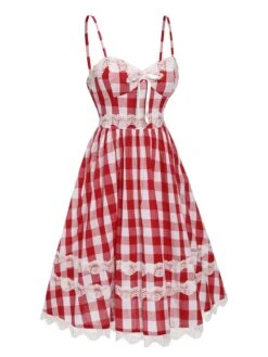 [Pre-Sale] Red 1950s Plaid Lace Bow Strap Dress -Candi Clothing Shop SCHL004164 2