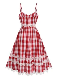 [Pre-Sale] Red 1950s Plaid Lace Bow Strap Dress -Candi Clothing Shop SCHL004164 3
