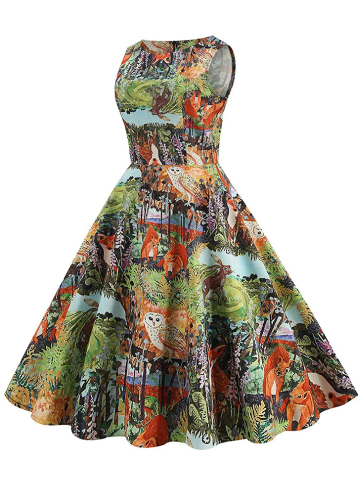 1950s Forest Animal Allover Printed Dress 2 1950s Forest Animal Allover Printed Dress - Image 2