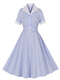 Light Blue 1950s Plaid Belt Lapel Dress