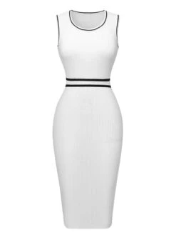 White 1960s Contrast Binding Knit Dress