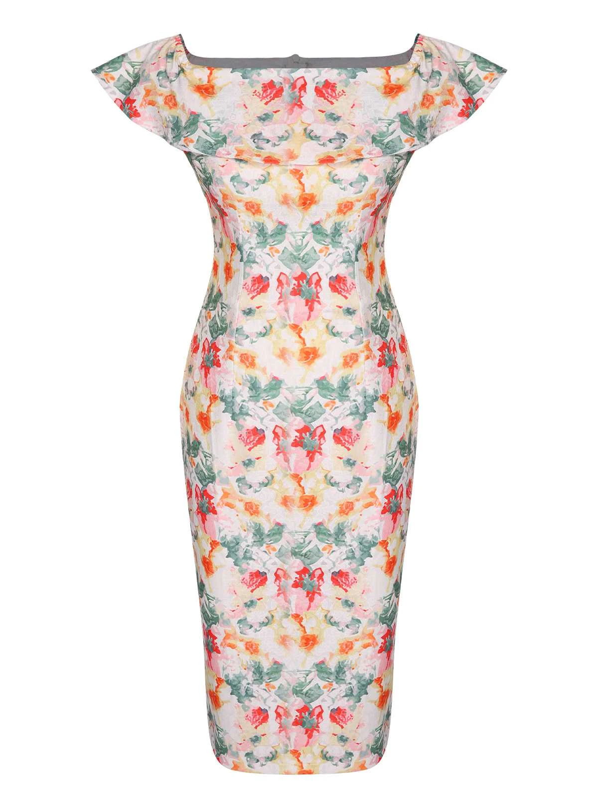 1960s Off- Shoulder Ruffles Floral Bodycon Dress 1 1960s Off- Shoulder Ruffles Floral Bodycon Dress