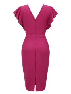 Rose Red 1930s V-Neck Ruffle Sleeves Dress -Candi Clothing Shop SCHL004304 3