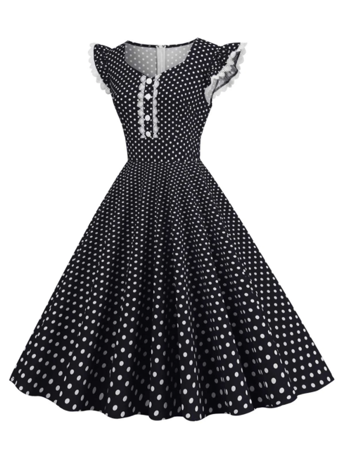 Black 1950s Polka Dots Ruffles Dress 2 Black 1950s Polka Dots Ruffles Dress - Image 2