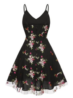 Black 1970s Floral Embroidered Mesh Strap Dress -Candi Clothing Shop SCHL004339 3