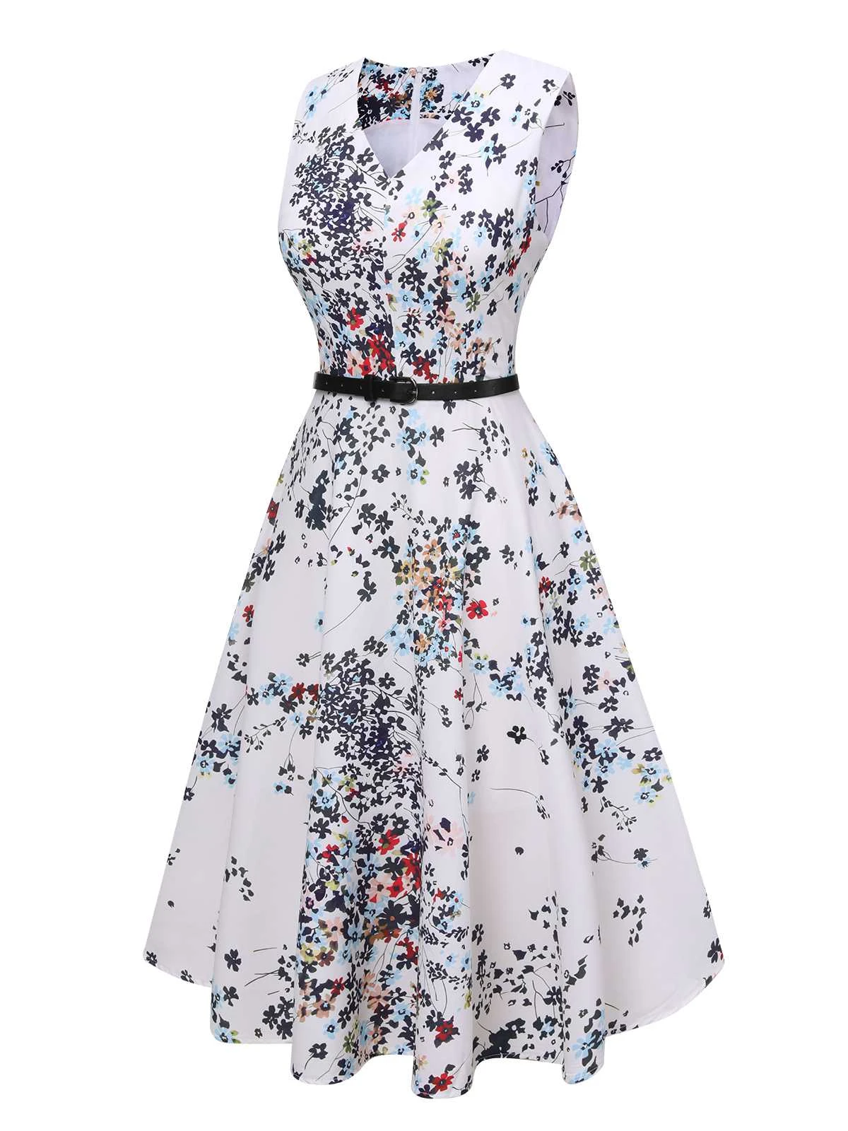 White 1940s V-Neck Floral Belted Sleeveless Dress 2 White 1940s V-Neck Floral Belted Sleeveless Dress - Image 2