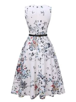 White 1940s V-Neck Floral Belted Sleeveless Dress 6 White 1940s V-Neck Floral Belted Sleeveless Dress -Candi Clothing Shop SCHL004341 3 compressed