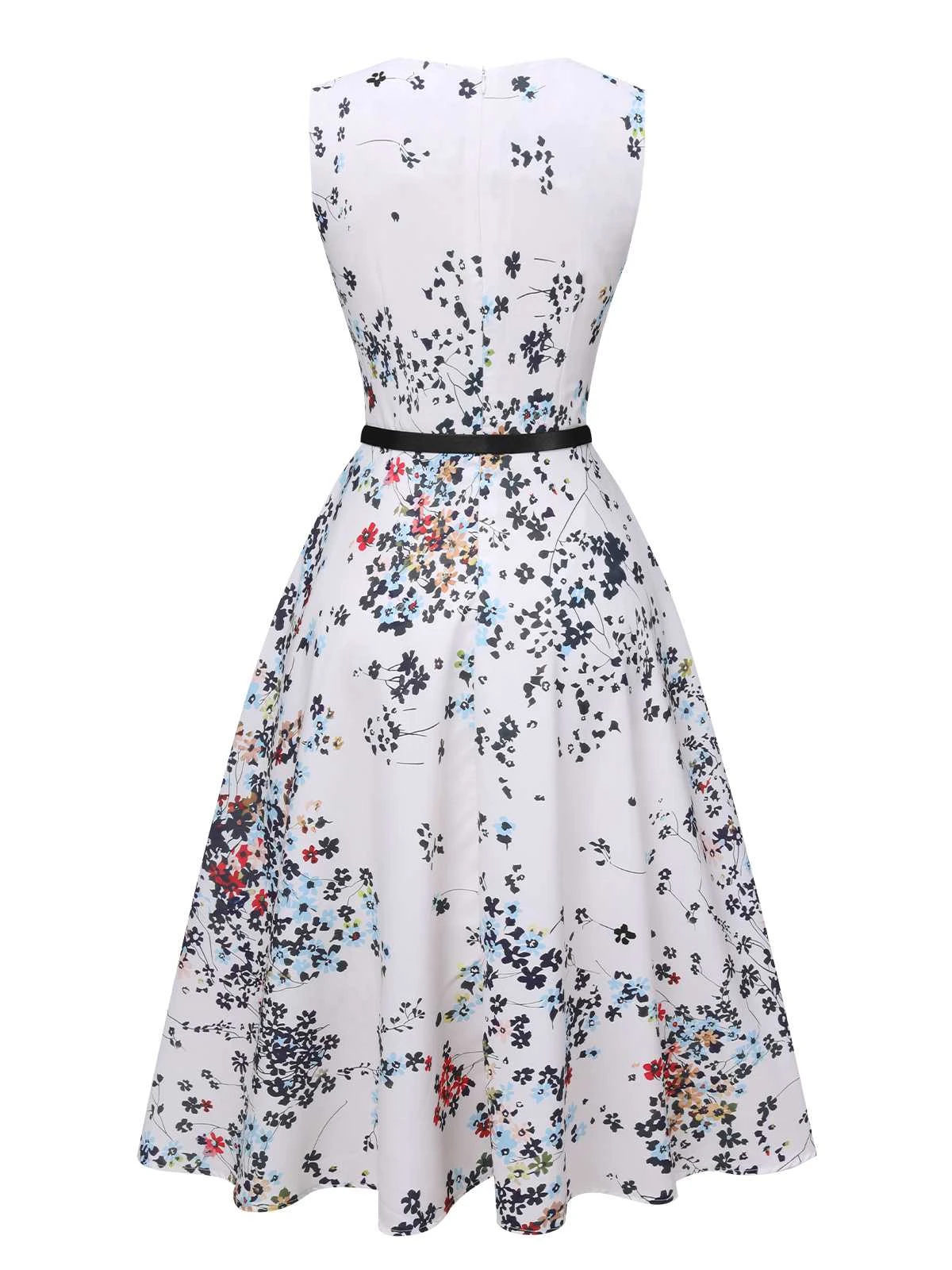 White 1940s V-Neck Floral Belted Sleeveless Dress 3 White 1940s V-Neck Floral Belted Sleeveless Dress - Image 3