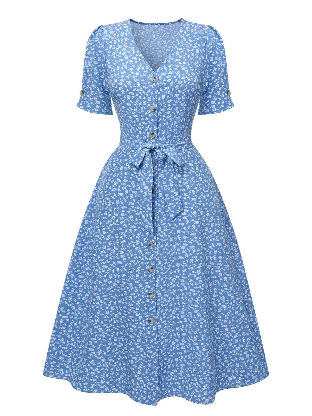 Blue 1940s Flower Print V-Neck Buttons Dress 1 Blue 1940s Flower Print V-Neck Buttons Dress